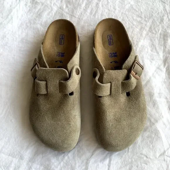 Birkenstock Boston Soft Footbed Suede Leather Clogs Mules Sandals Taupe - Picture 6 of 8